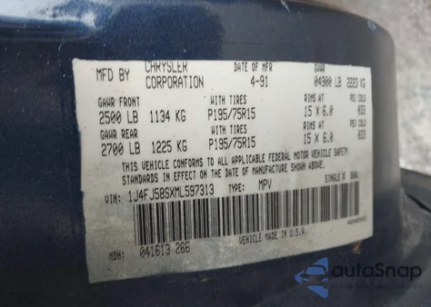 1991 Jeep Cherokee Laredo z USA, uszkodzony, nr VIN 1J4FJ58SXML597313